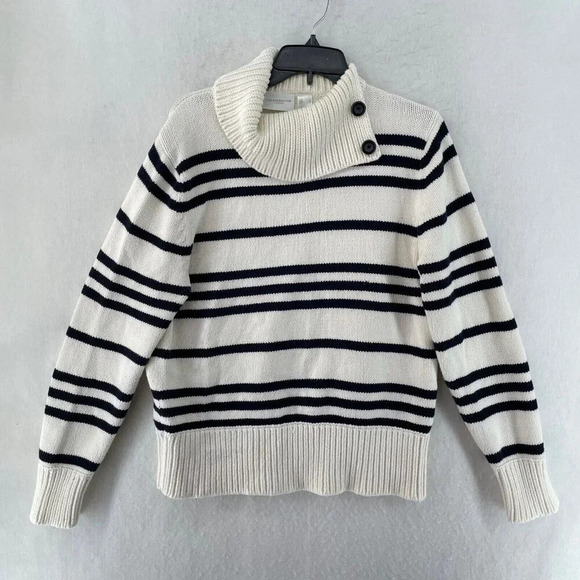 Liz Claiborne Sweater Women's Sz L White Knitted Striped Cowl Neck Pullover - Picture 1 of 9